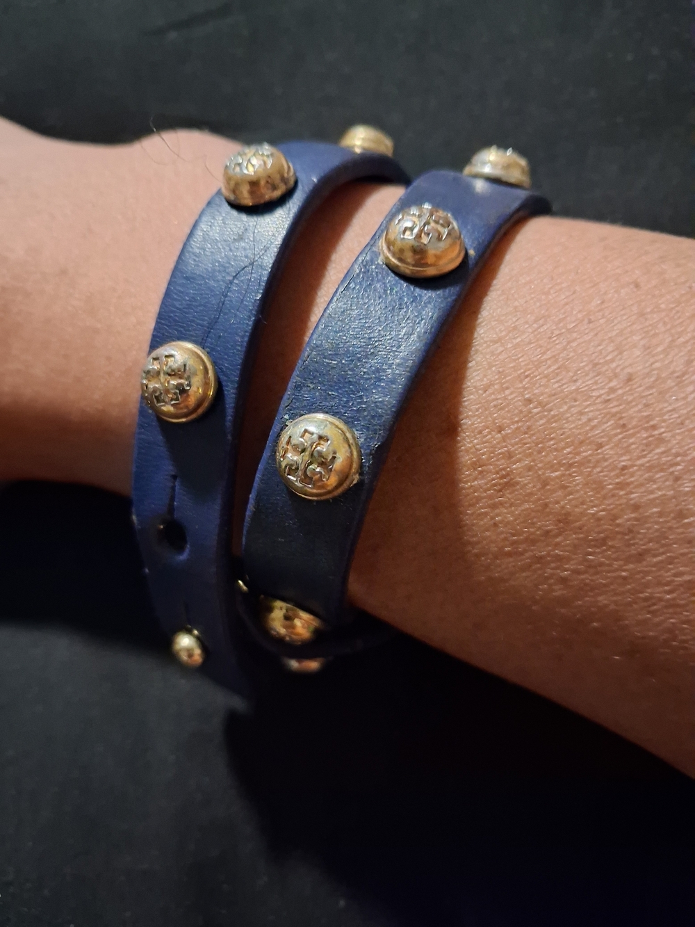 Tory Burch Navy Leather Double-Wrap Stud Bracelet